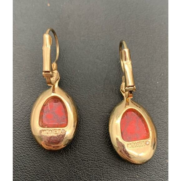 Vintage Monet Gold Tone Red Stone Clip Earrings Signed - Picture 4 of 4
